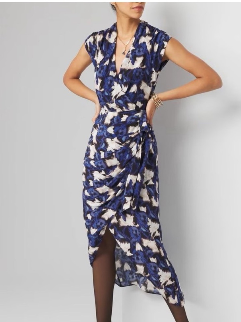 White House Black Market Blue patterned faux Wrap Midi Dress New